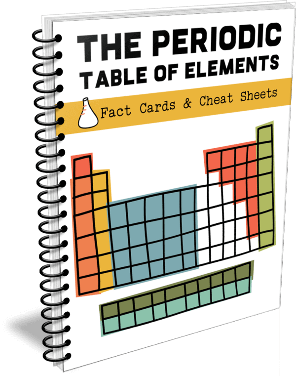 The Printable Table of Elements Fact Cards & Cheat Sheets text and image example of workbook cover and a white background