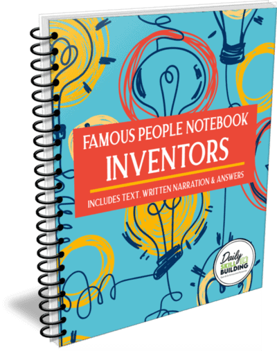Famous People Notebook Inventors text and image example of workbook cover and a white background