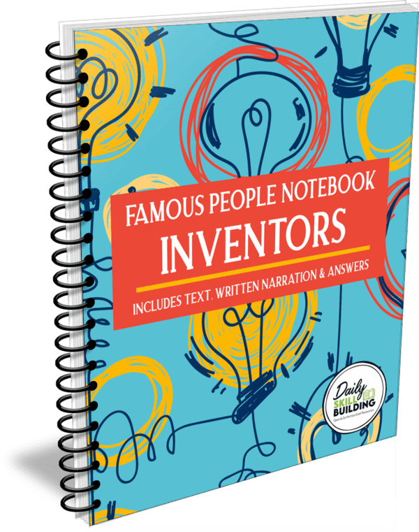 Famous People Notebook Inventors workbook cover decorated with illustrated lightbulbs