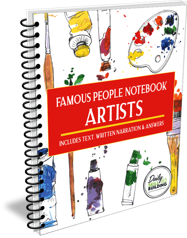 Famous People Notebook Artists white workbook cover with illustrations of different colored paint tubes 