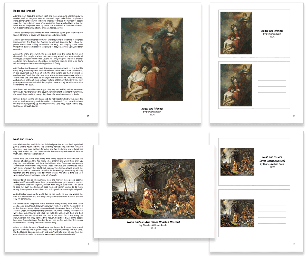 six image examples of free printables for studying Raphael with a white background