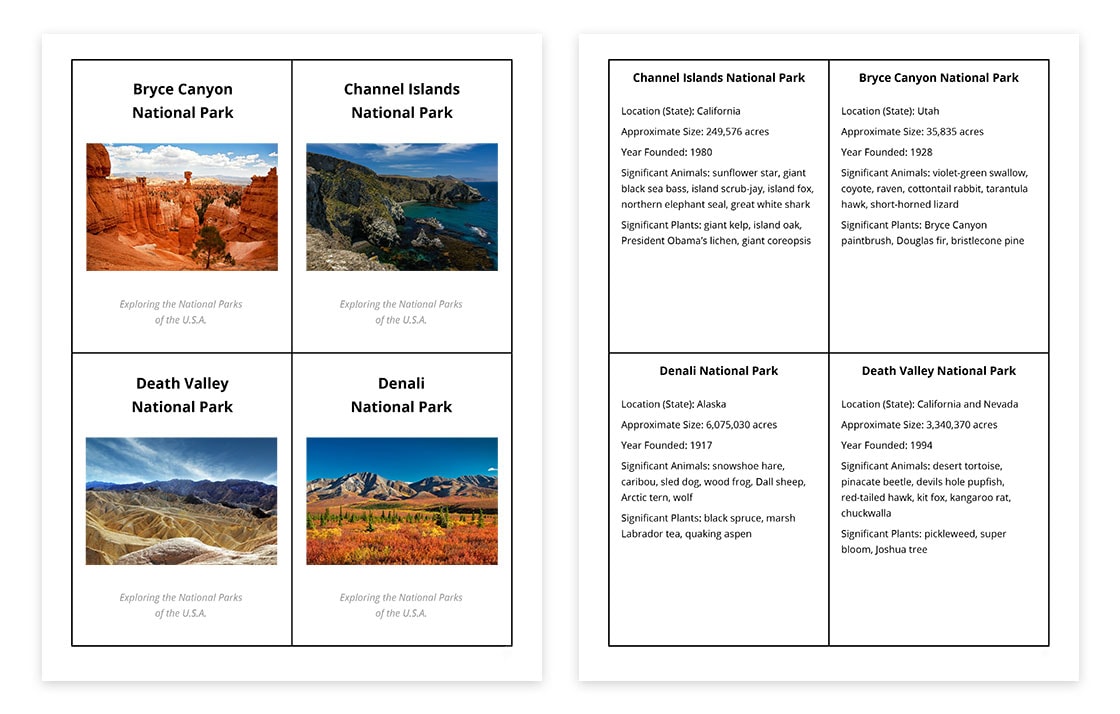 National Park Fact Cards