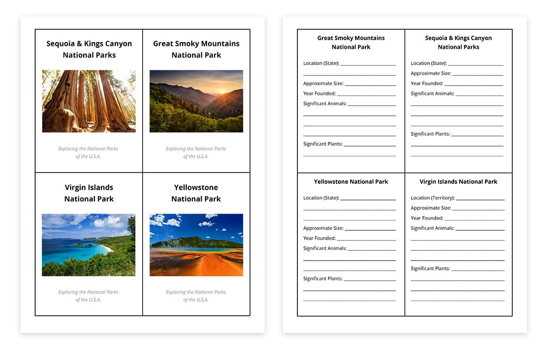 National Park Fact Cards with blank lines