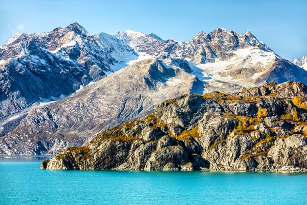 Glacier Bay National Park, Alaska, USA. Nature landscape of Alaska mountain peaks and turquoise glacier water.