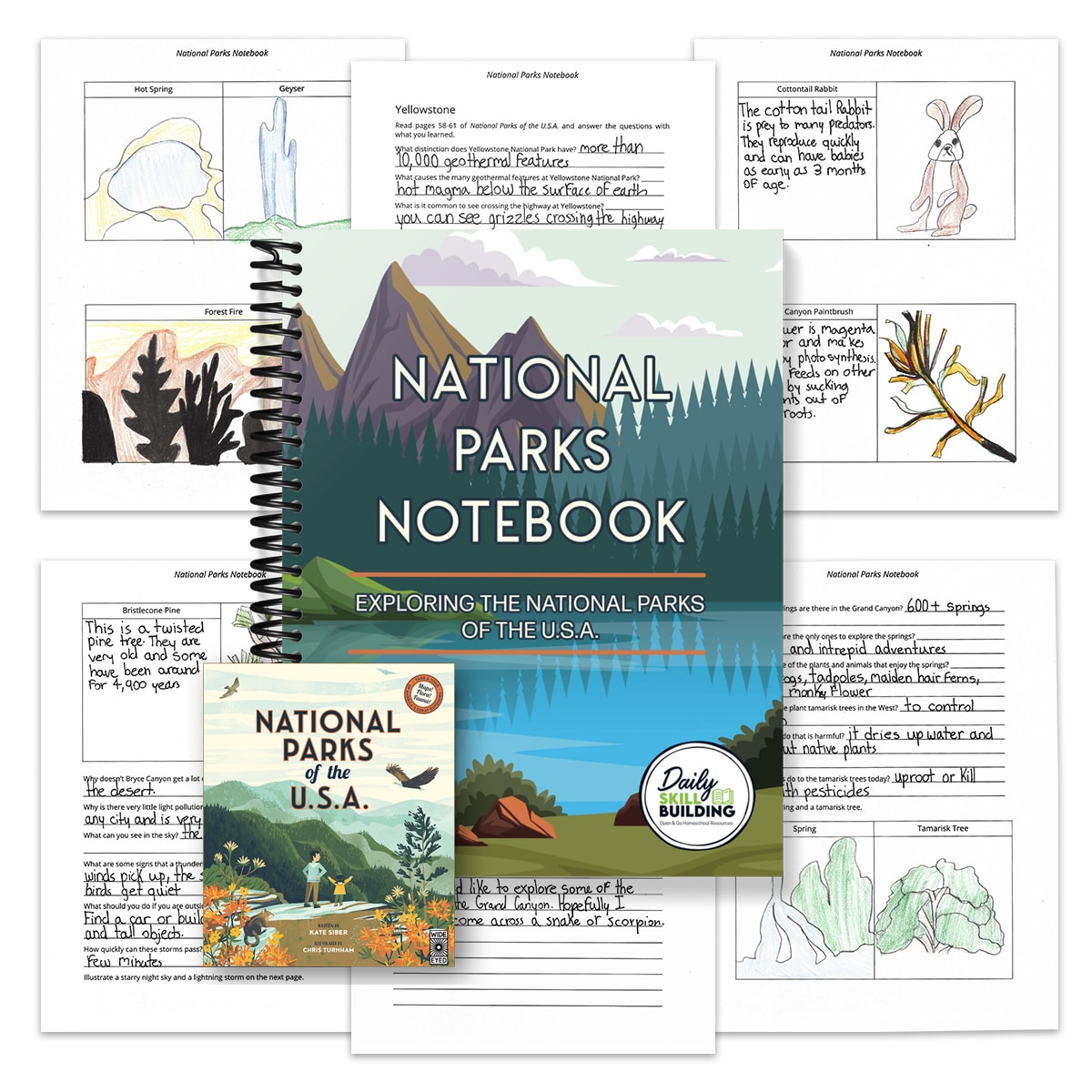 National Parks Notebook Companion™ and completed worksheet pages with the book National Parks of the U.S.A.