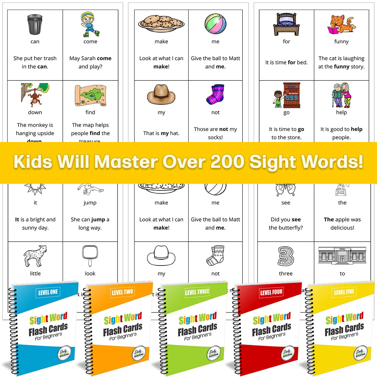 Printable Sight Words Flash Cards and Book Covers for 5 Levels