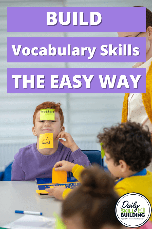 Boys with sticky notes with vocabulary words and text overlay Build Vocabulary Skills the Easy Way